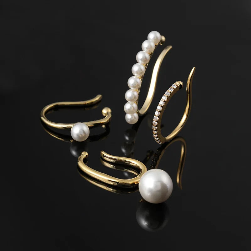 Elegant Gold Alloy Pearl Ear Cuff Hoop Stud & Clip On No Piercing Rhinestone Ear Bone Wrap Earrings
