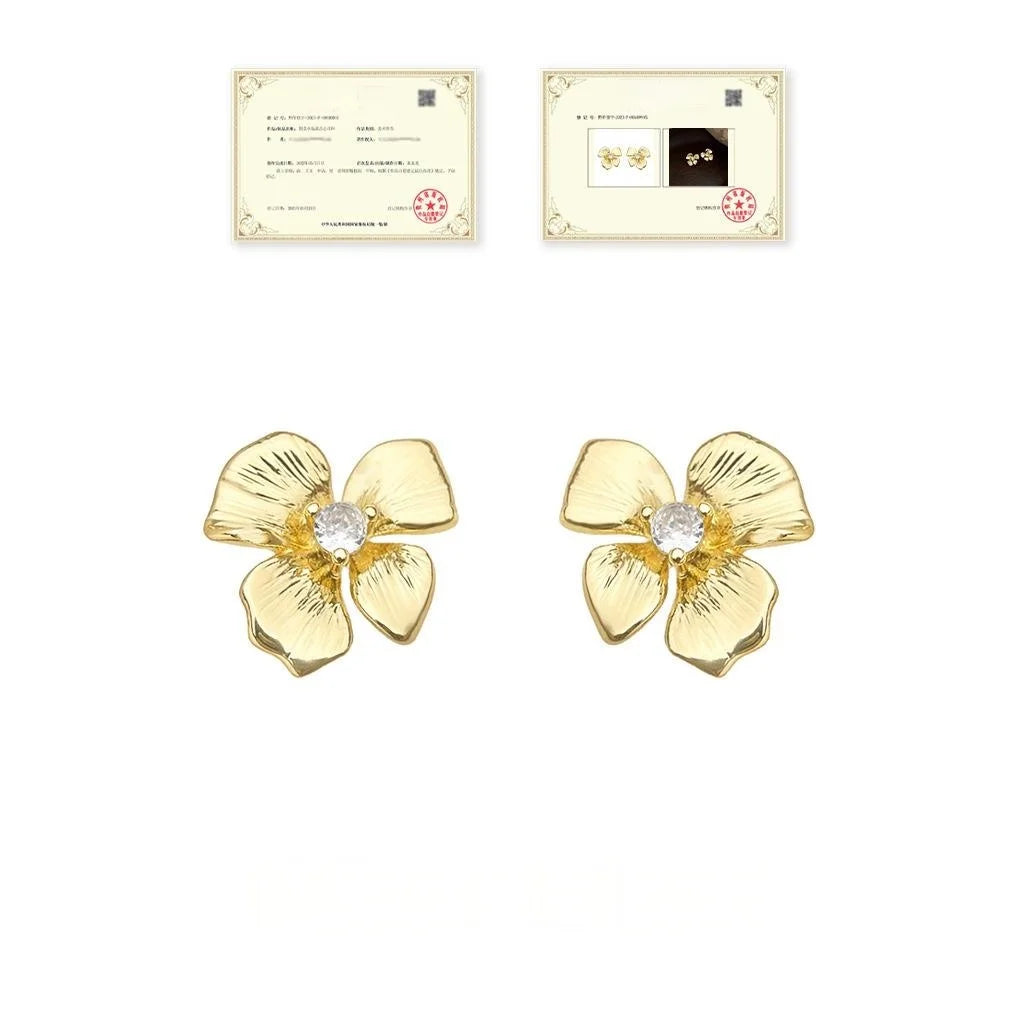 Original Designer 18K Gold Plated Copper Zircon Flower Stud Earrings