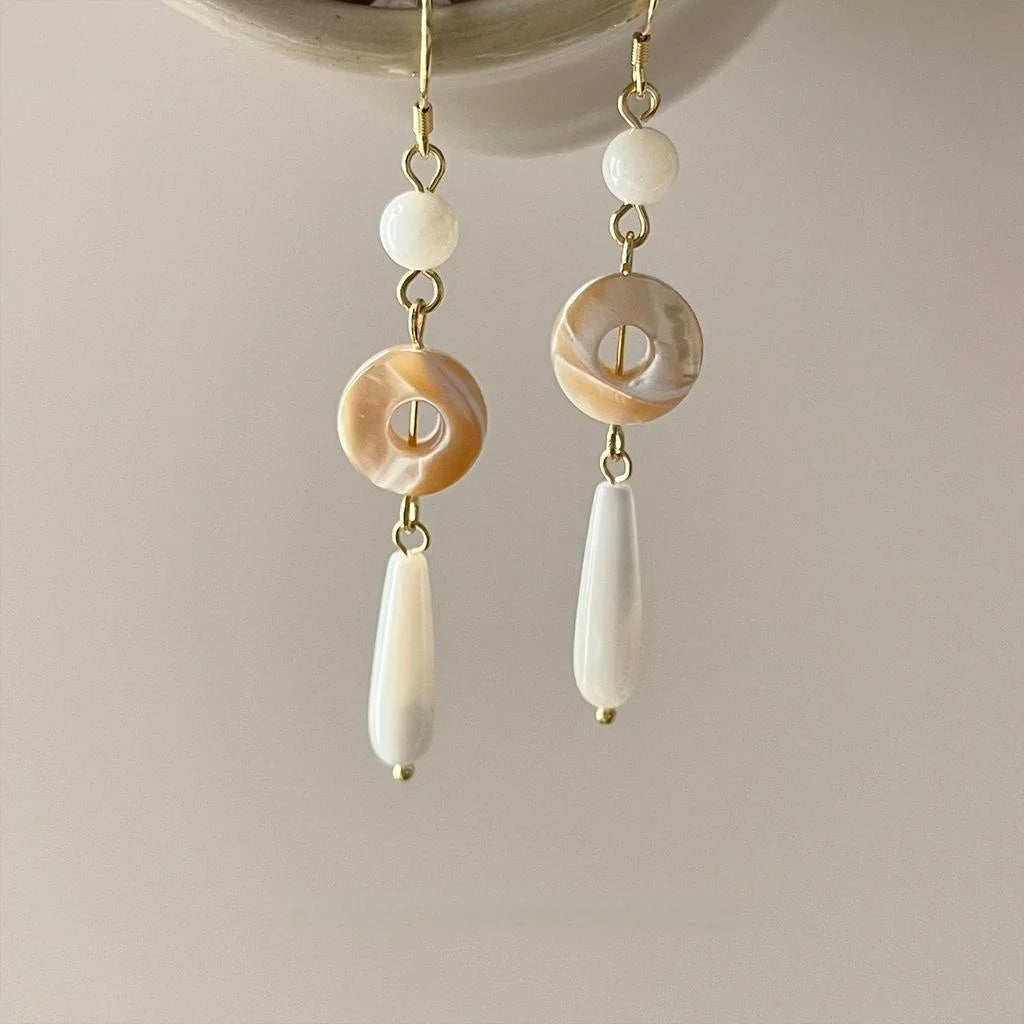 New Chinese Style Real Shell Geometric Line Handmade Long Drop Earrings With Silver Plated Pins
