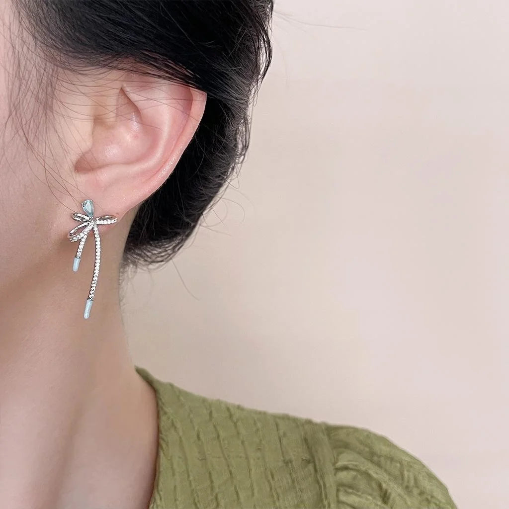 Original Design Sea Blue Zircon Micro Pave Bowknot Copper Long Drop Earrings Sweet Elegant Jewelry