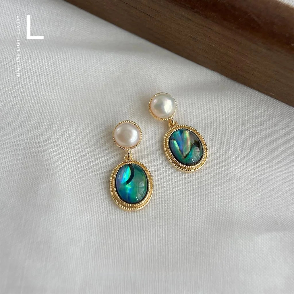 14K Gold Plated Copper Abalone Shell Freshwater Pearl Oval Geometric Stud Earrings