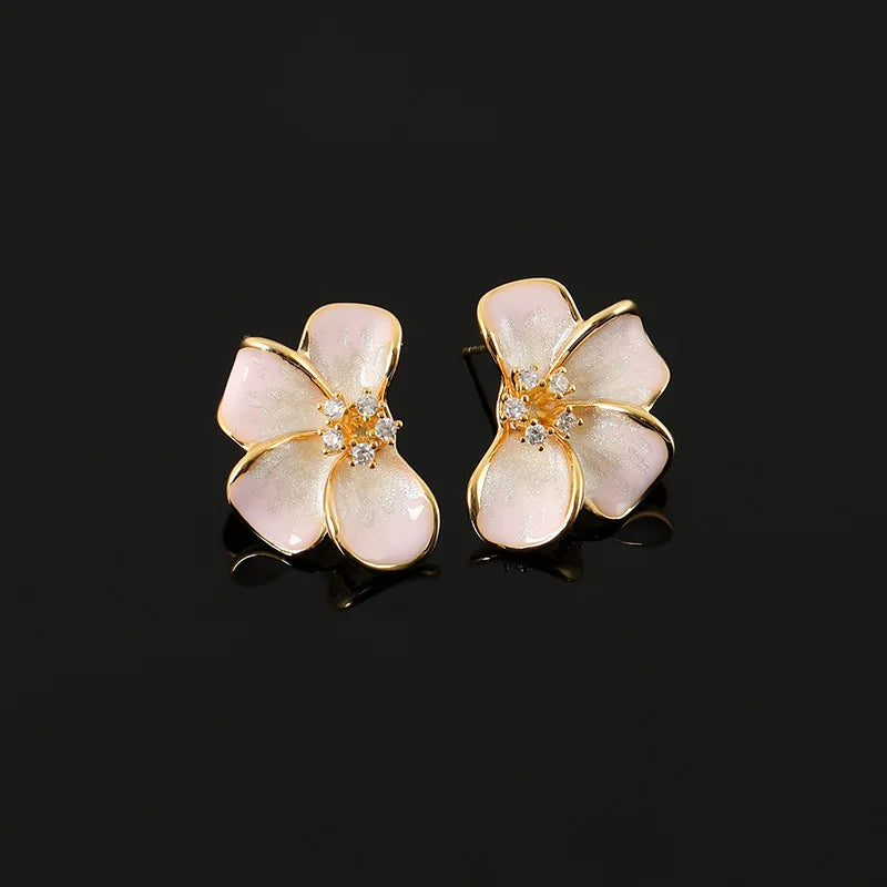 Elegant Pink Enamel Flower Alloy Rhinestone Stud & Clip On No Piercing Sweet Floral Earrings