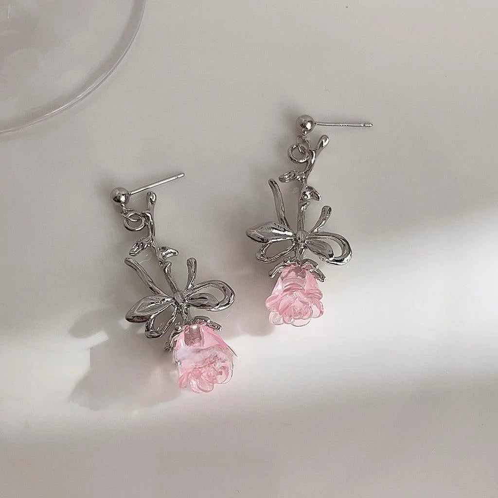Sweet Cool Liquid Rose Copper Drop Earrings Minimalist Floral Fashion Jewelry