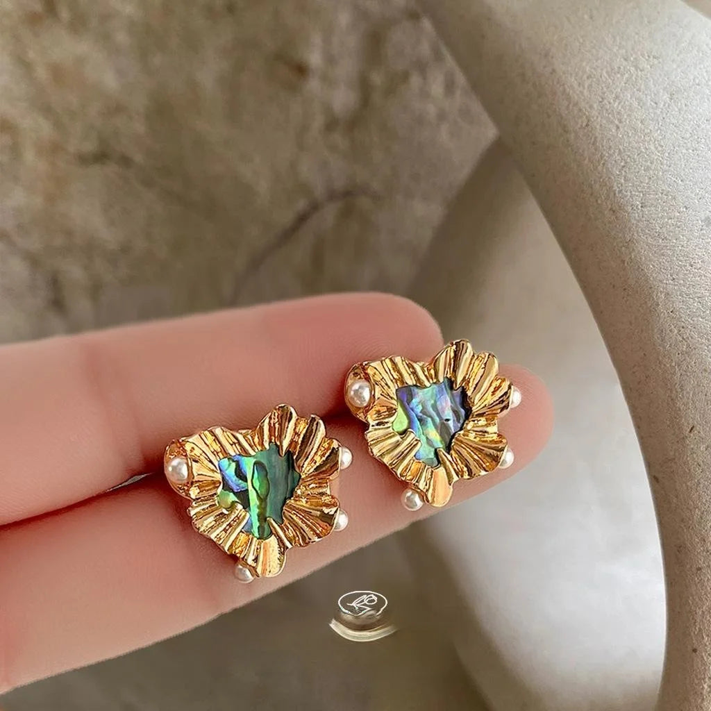 14K Gold Plated French Vintage Irregular Heart Abalone Shell Pearl Stud Earrings