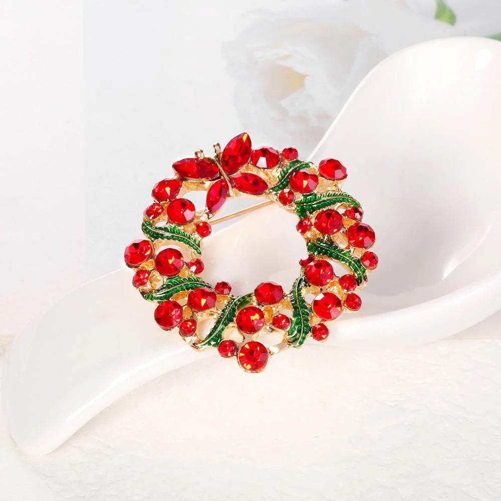 Elegant Christmas Wreath Brooch With Red Rhinestones And Green Enamel, Festive Lapel Pin Gift