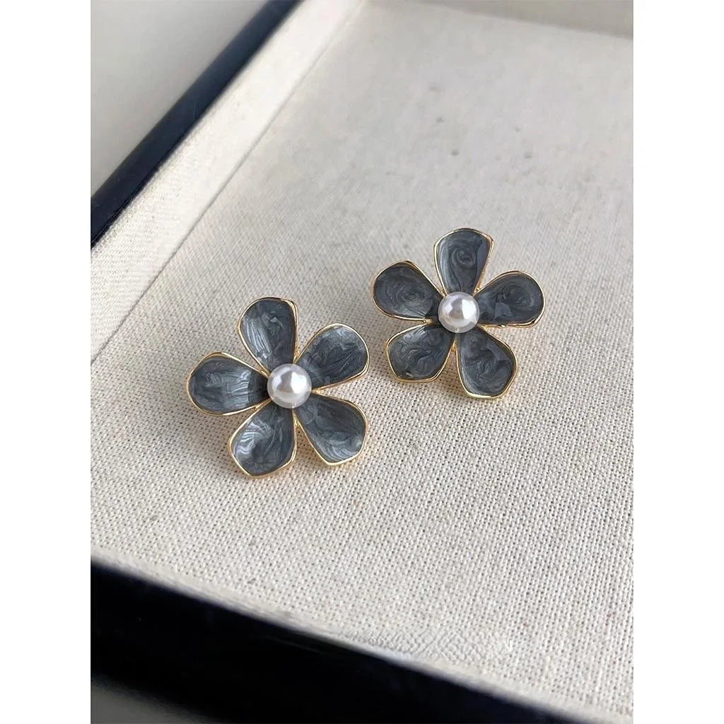 French Vintage Haze Blue Enamel Flower Pearl Alloy Stud Earrings For Women