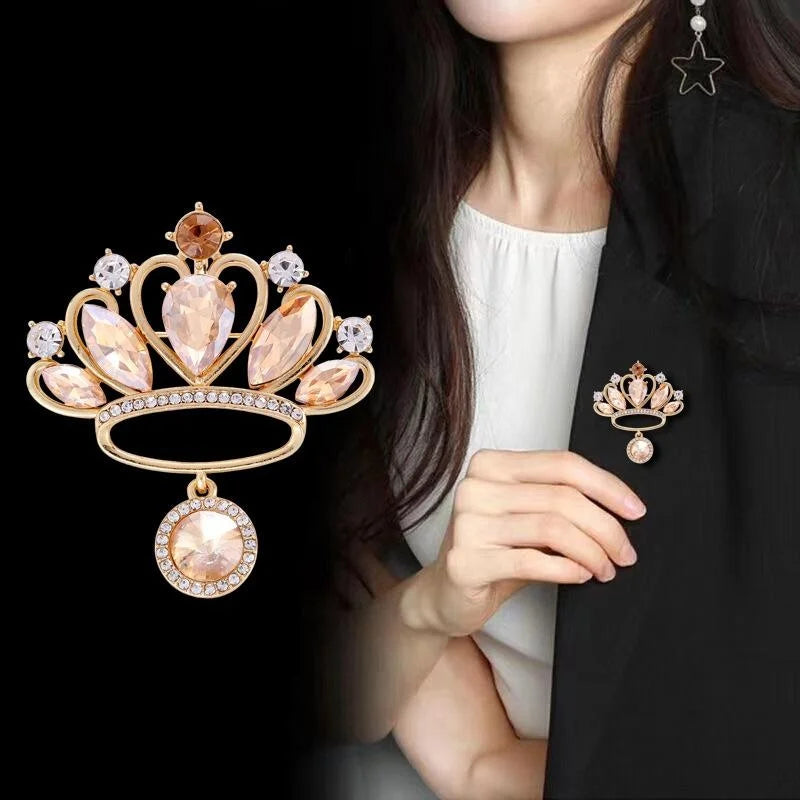 Luxury Crown Brooch With Champagne Rhinestone Pendant, Elegant Lapel Pin Corsage Suit Accessory Gift