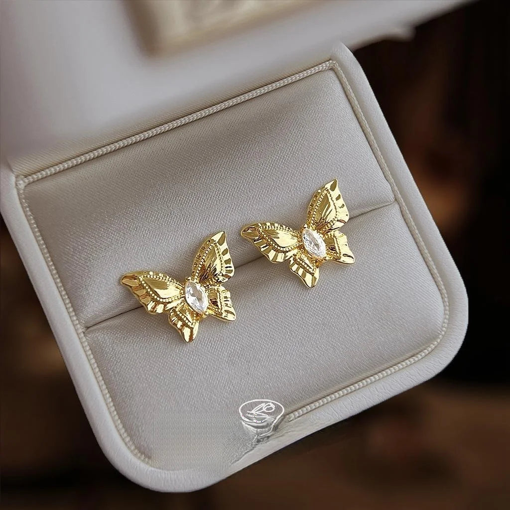 French Light Luxury Vintage Butterfly Stud Earrings Eco Copper Micro Pave Zircon Textured Chic Jewelry