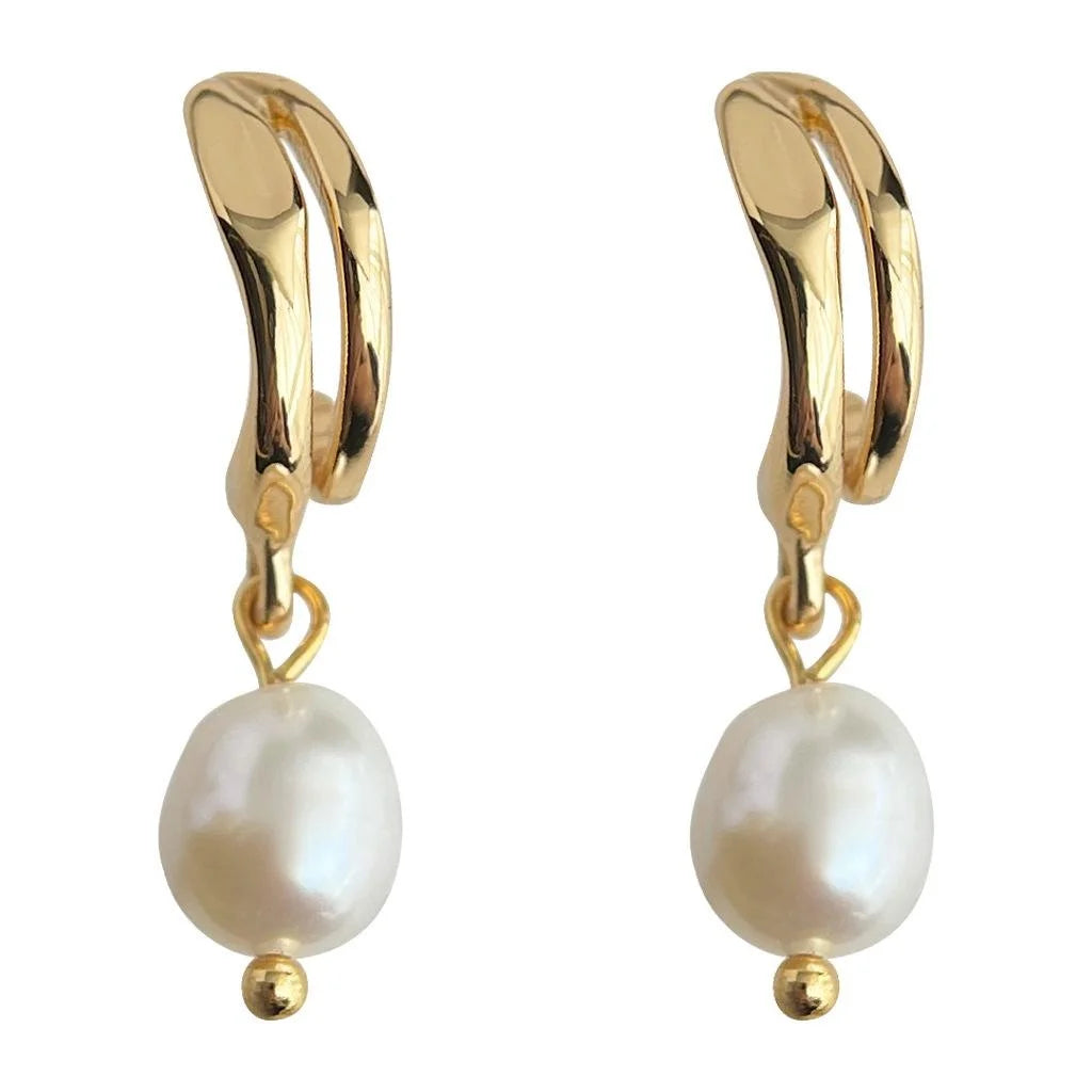 14K Gold Plated Copper Freshwater Pearl Drop Earrings Minimalist Geometric Hoop Design