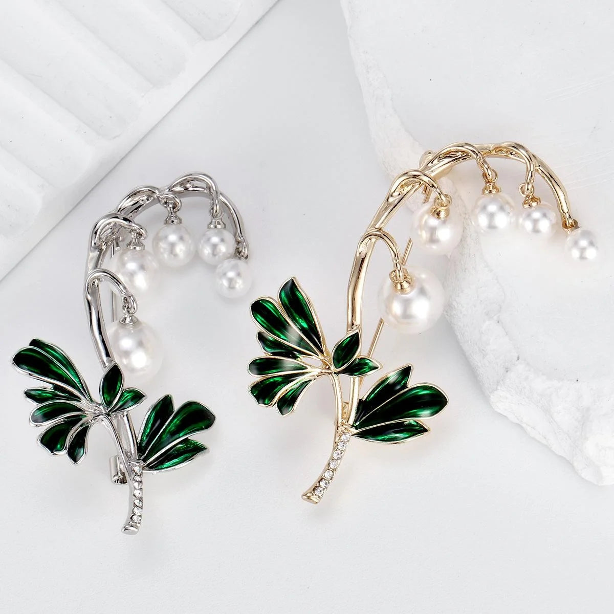 Elegant Lily Of The Valley Pearl Enamel Brooch In Gold Alloy, Rhinestone Floral Lapel Pin Suit Accessory