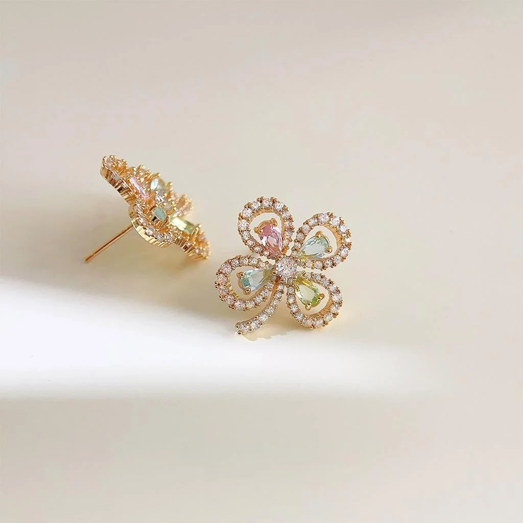 18K Gold Plated Copper Flower Stud Earrings With Micro Pave Color CZ Hollow Lucky Flower Design