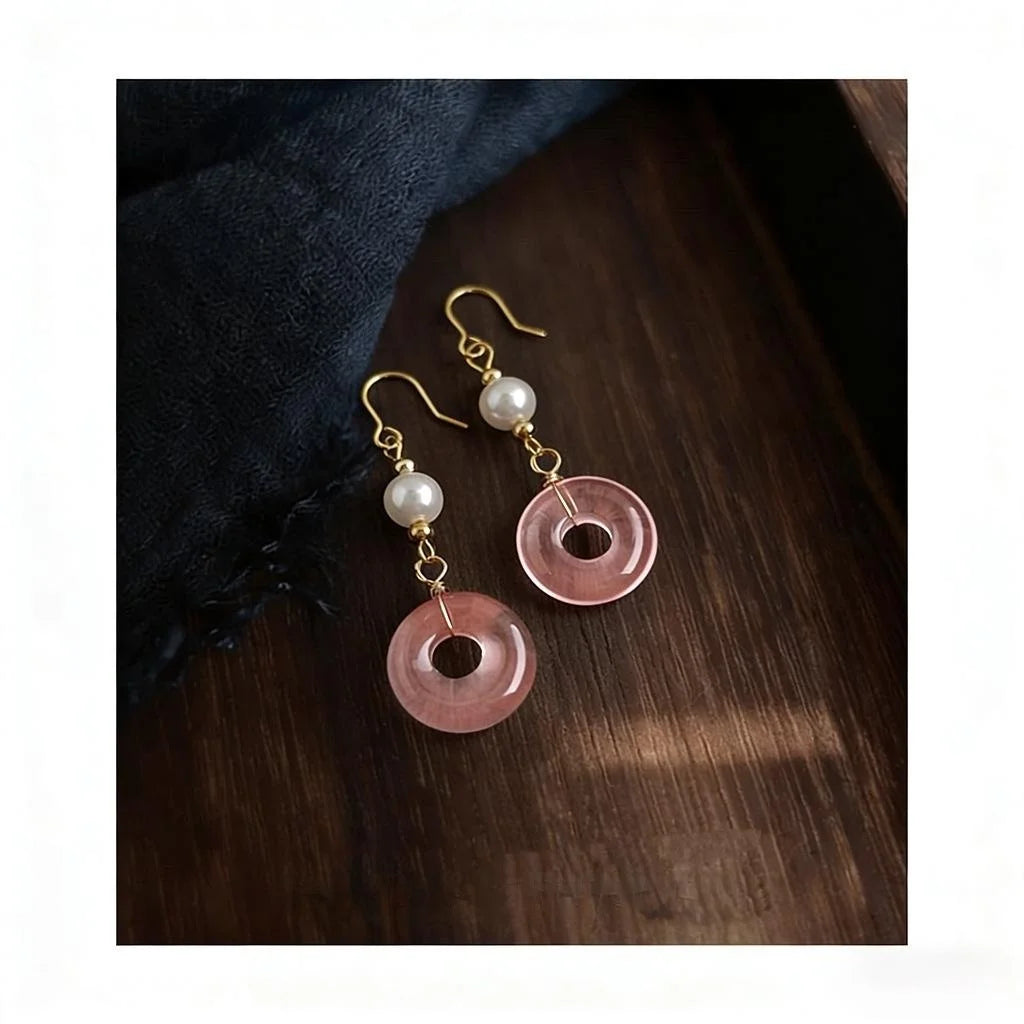 New Chinese Red Natural Stone Copper Geometric Peace Buckle Tassel Drop Earrings