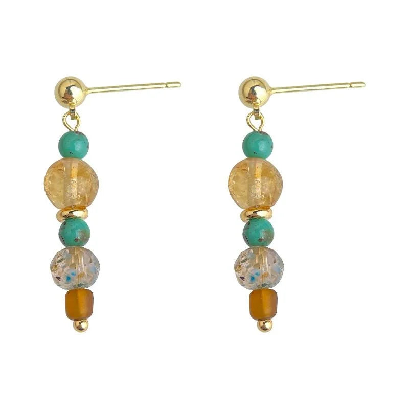 Vintage Ethnic Geometric Copper Citrine Glass Crystal Drop Earrings For Women
