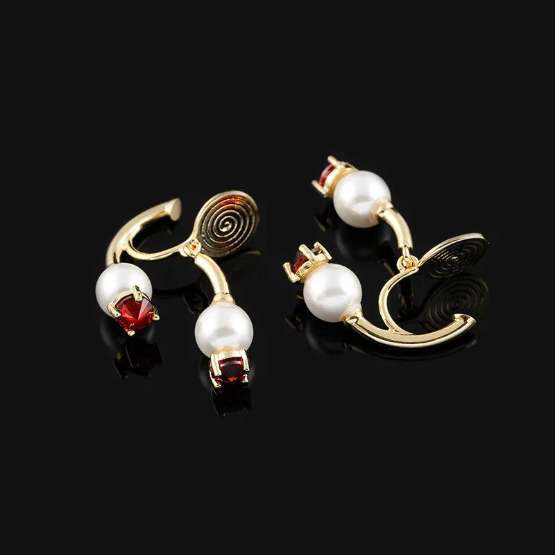 Elegant Spiral Disc Back Hanging Pearl Red Crystal Stud & Clip On No Piercing Hoop Earrings