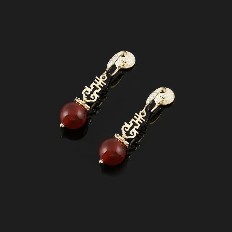 Elegant Chinese Double Happiness Red Agate Bead Alloy Stud & Clip On No Piercing Bridal Drop Earrings