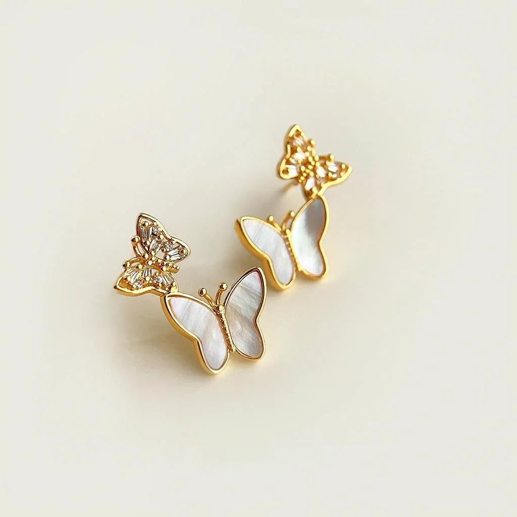 14K Gold Plated Butterfly Stud Earrings Real Shell Micro Pave Zircon Copper Jewelry