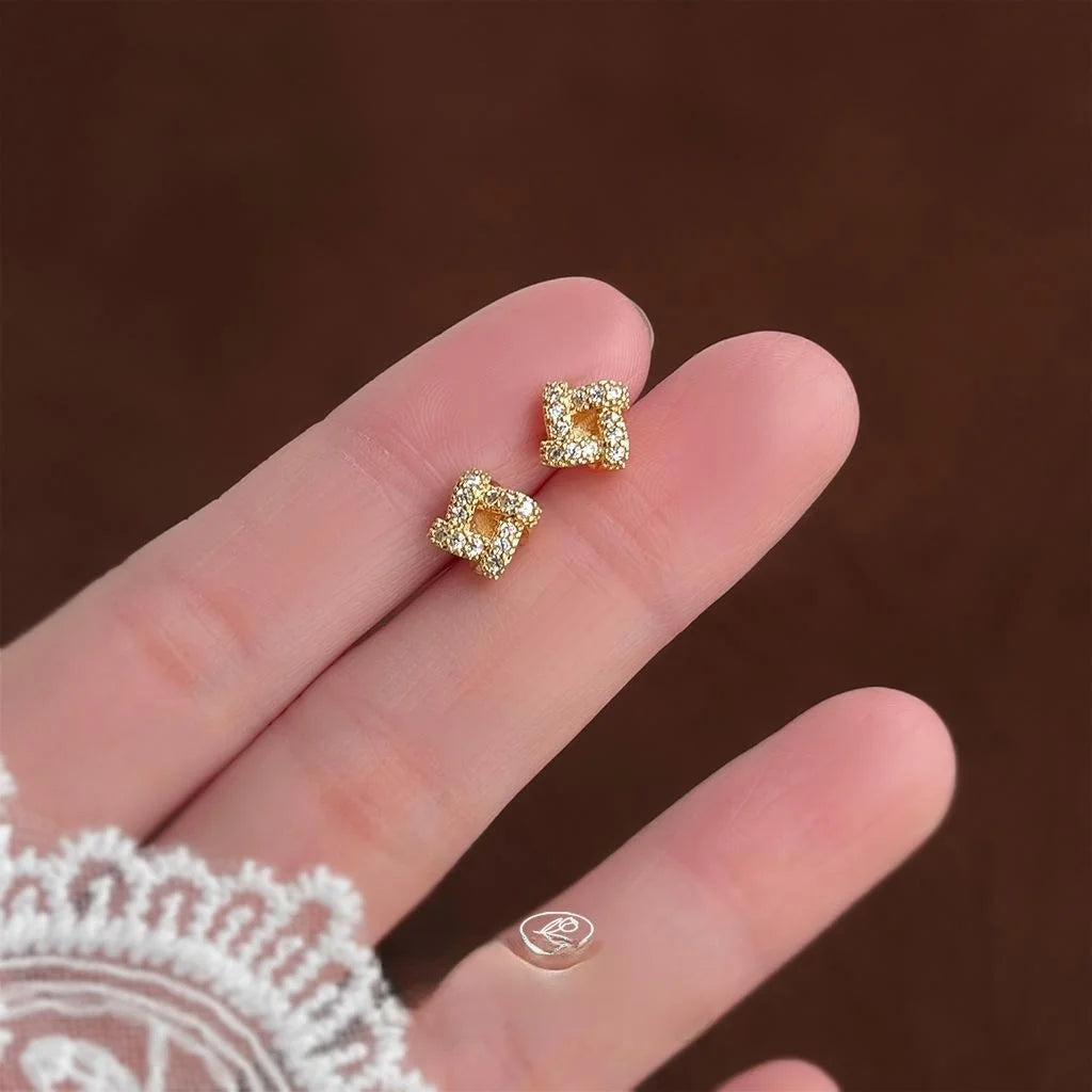 Mini 14K Plated Zircon Geometric Twist 3D Stud Earrings For Women Minimalist Jewelry