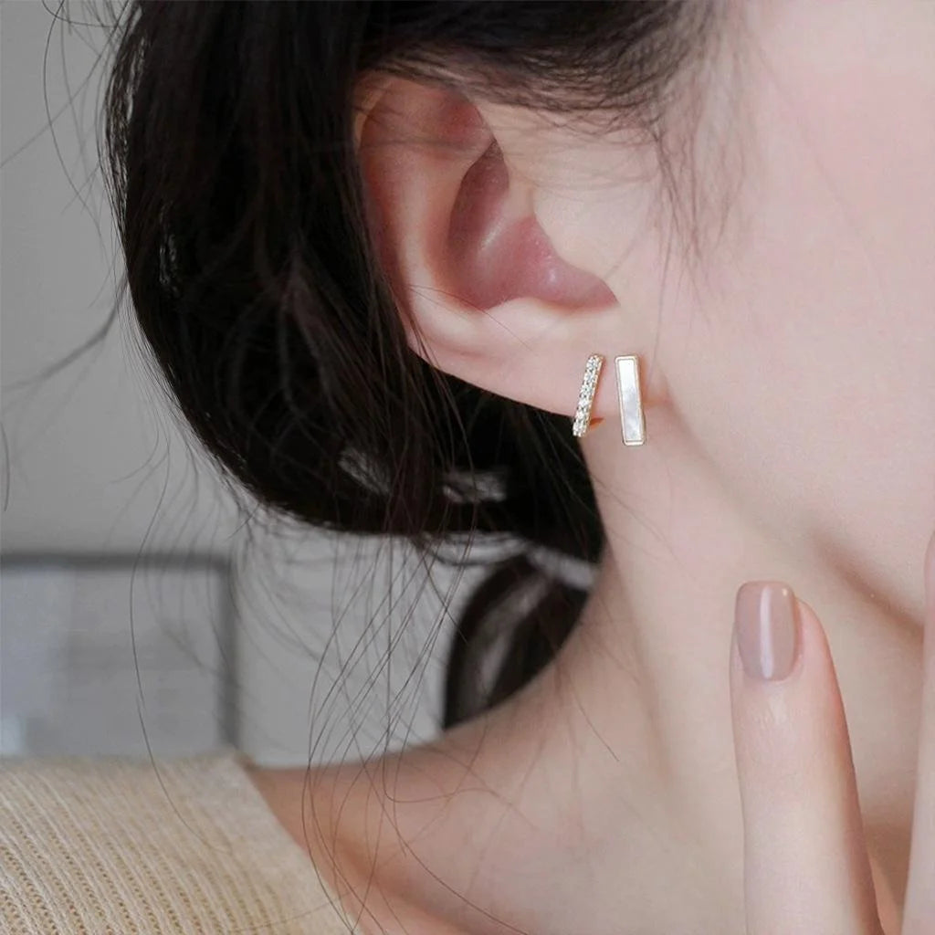 14K Gold Plated Copper Geometric Line Micro Pave Zircon Stud Earrings Minimalist Luxury Design