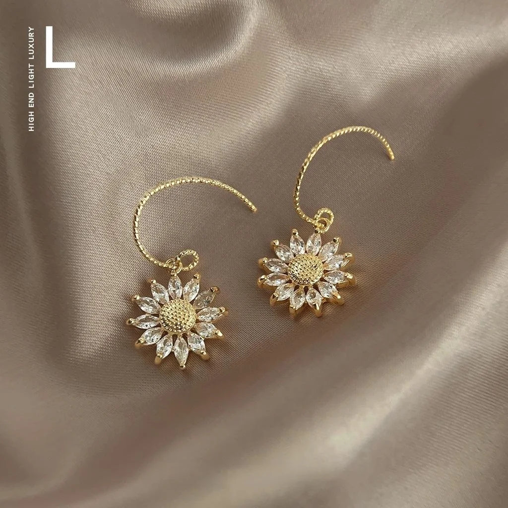 French Vintage 14K Plated Zircon Sunflower Flower Drop Earrings for Women