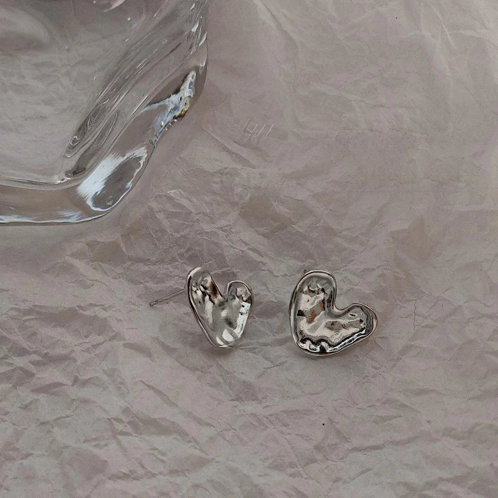 Liquid Metal Silver Plated Copper Heart Stud Earrings, Minimalist Korean Style Jewelry