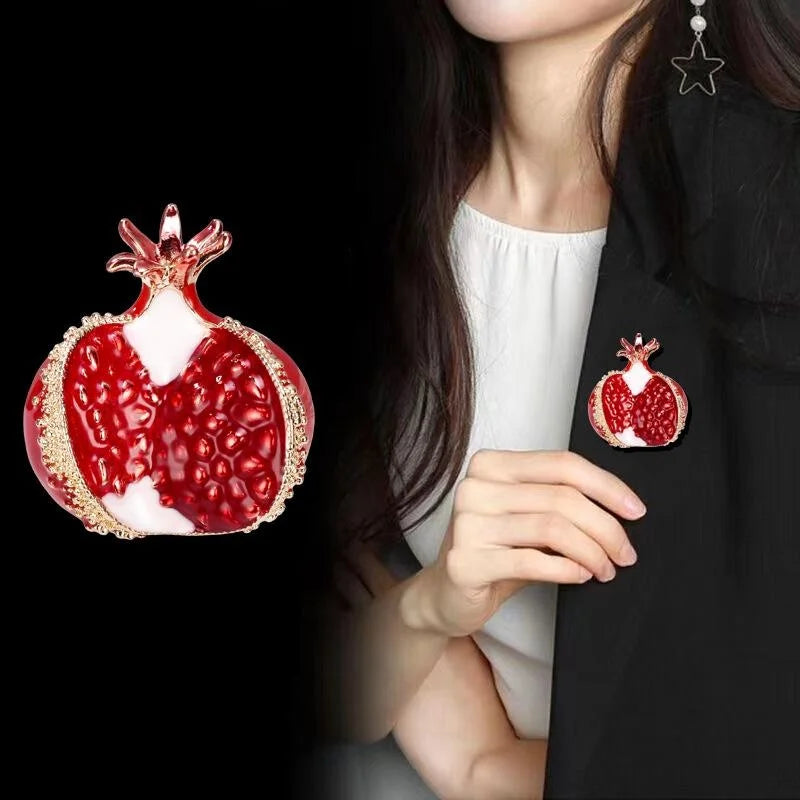 Elegant Red Enamel Pomegranate Brooch With Gold Alloy Rhinestones, Fashion Fruit Lapel Pin Corsage Gift