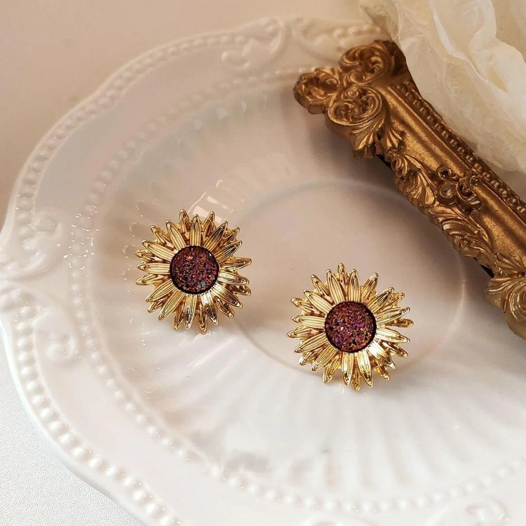Vintage Sunflower Alloy Stud Earrings With 14K Plated, Hong Kong Style Floral Jewelry