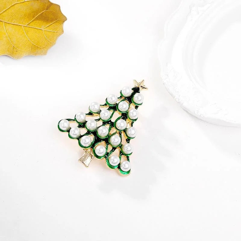 Elegant Christmas Tree Brooch With Pearl Beads And Green Enamel Alloy Lapel Pin For Holiday Suit Accessory Gift