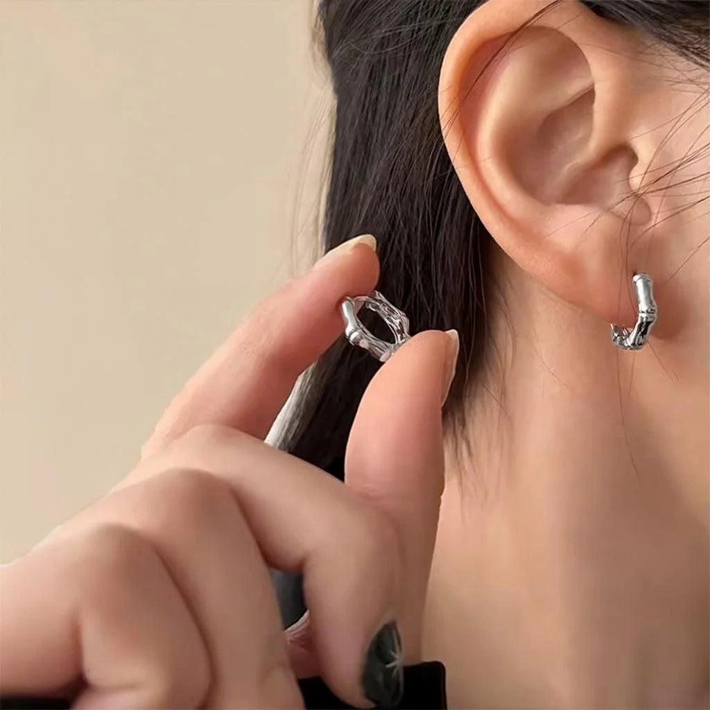Minimalist Copper Bamboo Joint Stud Earrings Smooth Geometric Round Hoop Style For Daily Commute