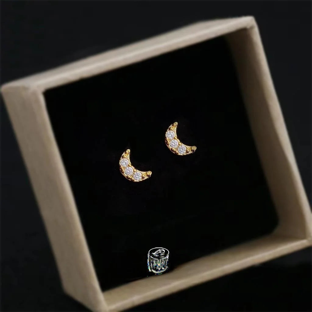 Minimalist Copper Crescent Moon Stud Earrings With Micro Pave Zircon, Versatile Geometric Jewelry