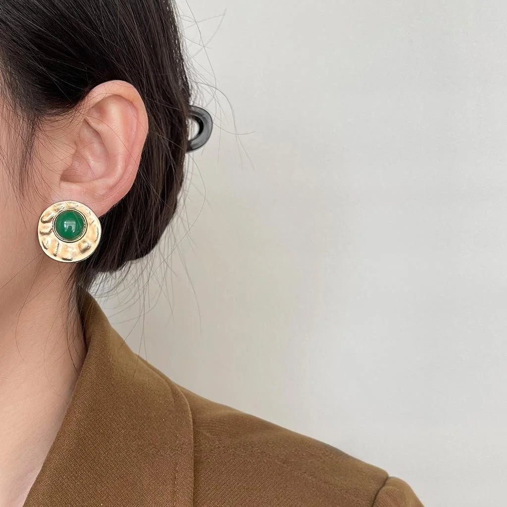 Vintage Old Money Round Geometric Copper Stud Earrings Matte Silver Tone Commuter Jewelry