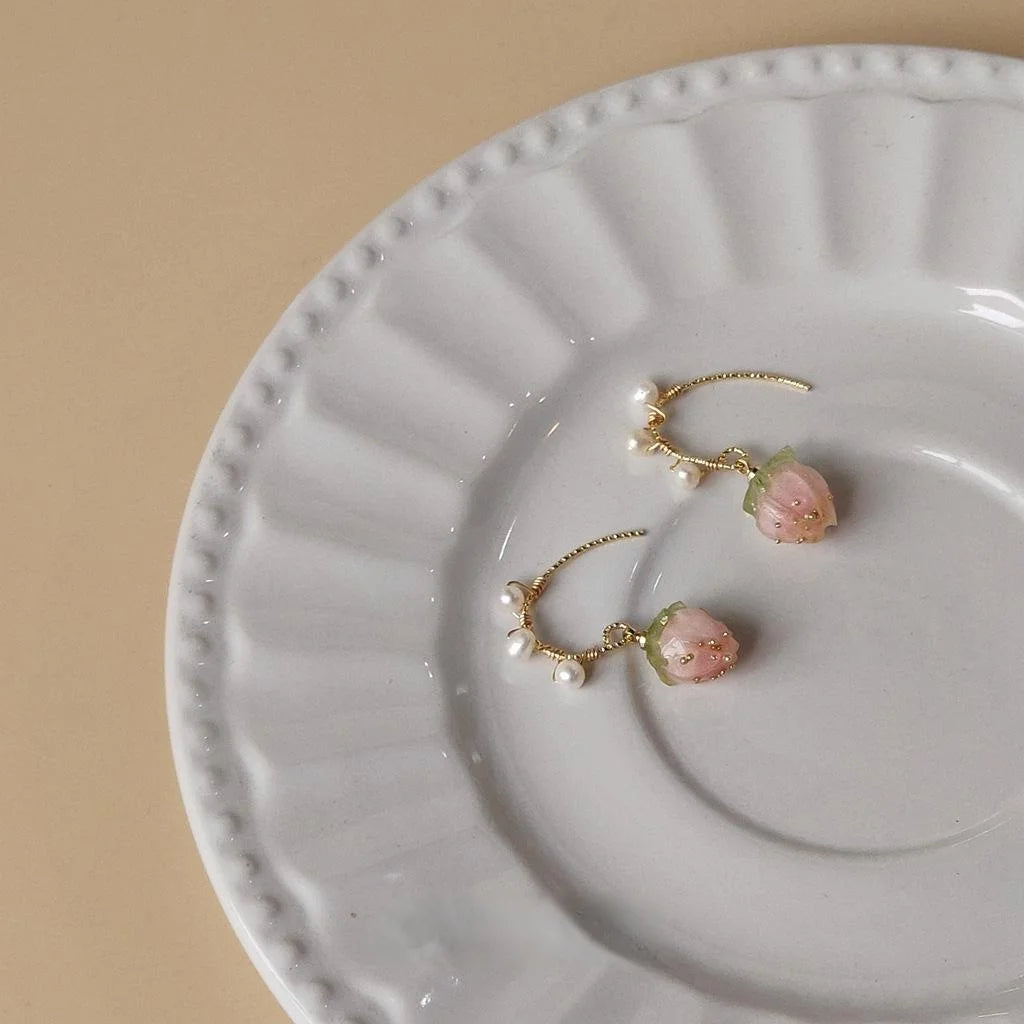 Japanese Sweet Enamel Strawberry Pearl Drop Earrings Elegant Girls Fashion Jewelry