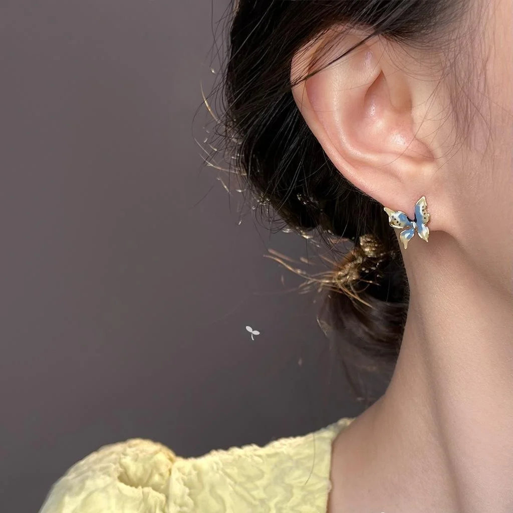 14K Plated Copper Hand Painted Iridescent Enamel Butterfly Stud Earrings Sweet Style