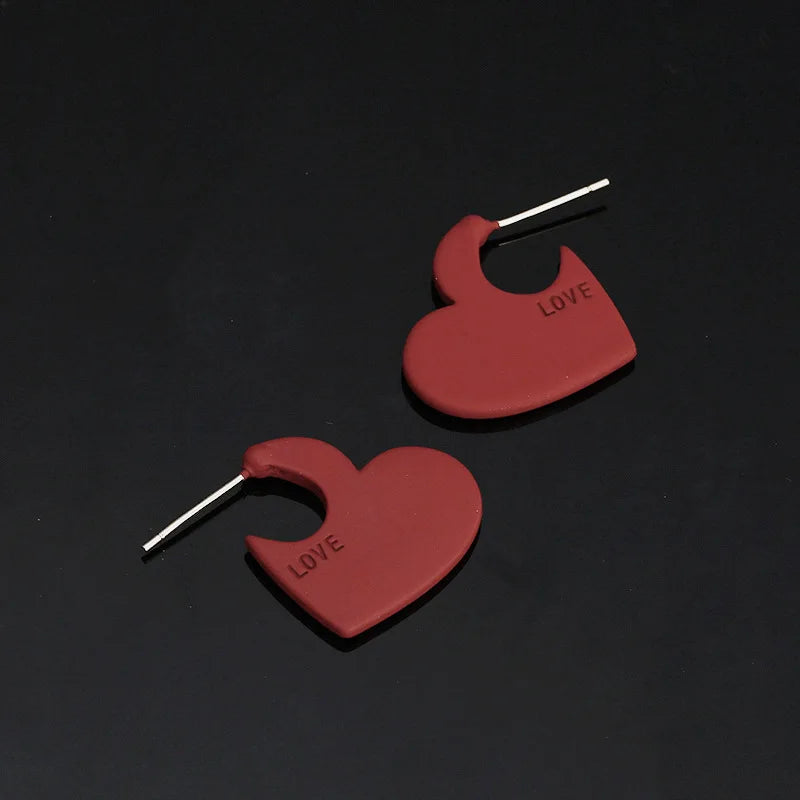 Matte Red Enamel Love Heart Drop Stud & Clip On No Piercing Spiral Disc Dangle Earrings