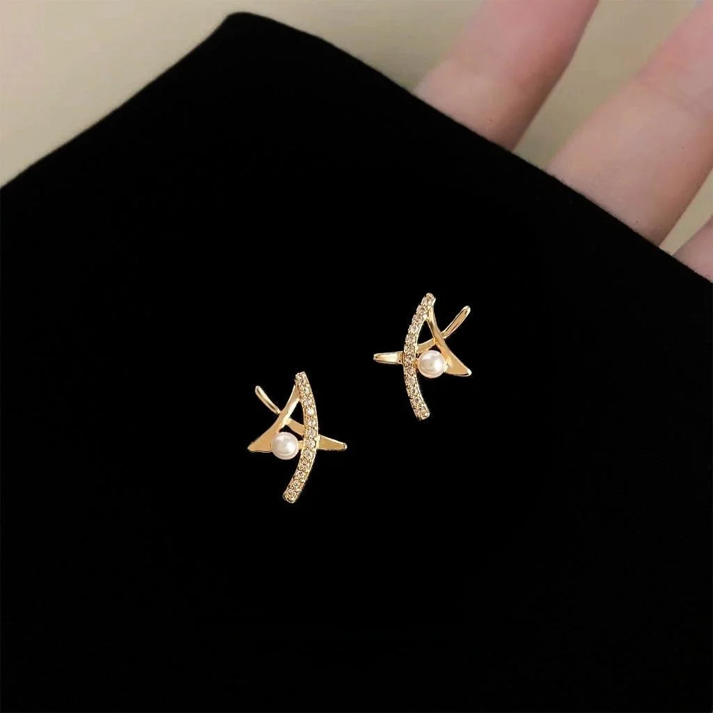 Minimalist Hollow Star Pearl Stud Earrings With Micro Pave Zircon, Geometric Everyday Jewelry