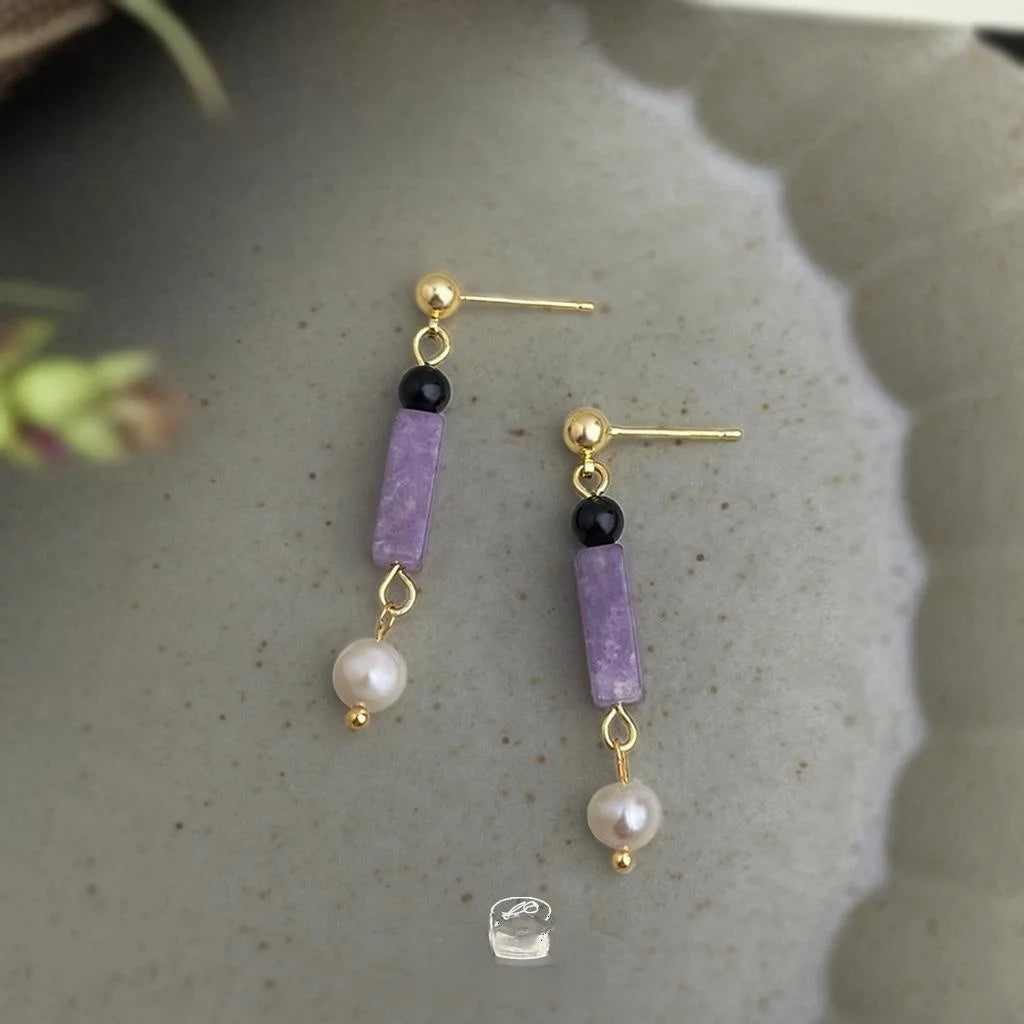 Handmade Natural Freshwater Pearl Amethyst Stone Geometric Teardrop Drop Earrings Style