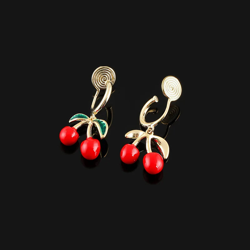 Sweet Red Cherry Enamel Alloy Dangle Stud & Clip On No Piercing Elegant Summer Fruit Earrings