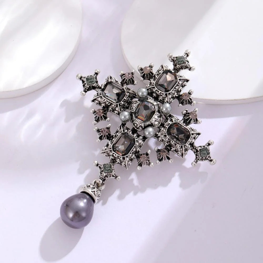 Vintage Baroque Cross Brooch With Rhinestones And Pink Pearl Drop, Elegant Alloy Lapel Pin Suit Accessory