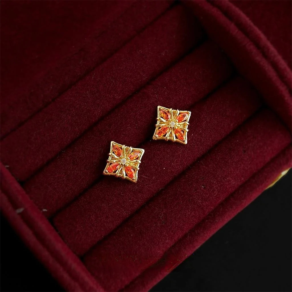 Premium Orange Red Micro Pave Zircon Flower Petal Copper Stud Earrings