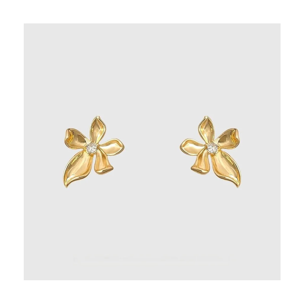 Original Design 18K Gold Plated Zircon Flower Ribbon Drop Earrings