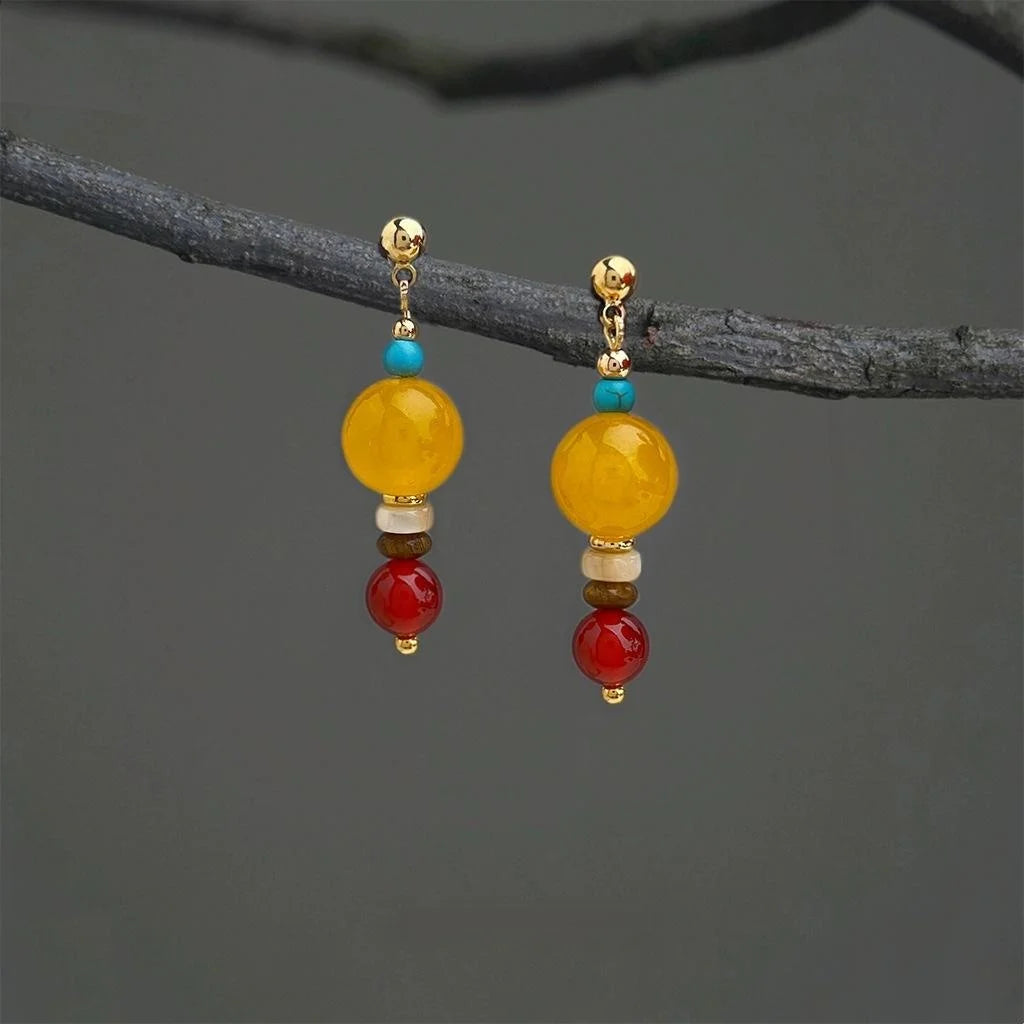Ethnic Style Copper Red Agate Topaz Geometric Tassel Drop Earrings