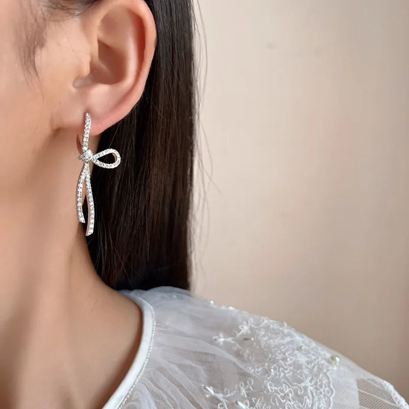 Luxury Rhinestone Bow Drop Stud & Clip On No Piercing Earrings For Women Elegant Alloy Ribbon Earrings