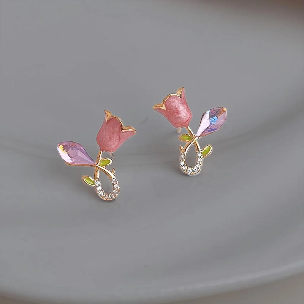 Sweet Oil Painting Tulip Stud Earrings Pink Glass Crystal Vine Zircon Flower Jewelry