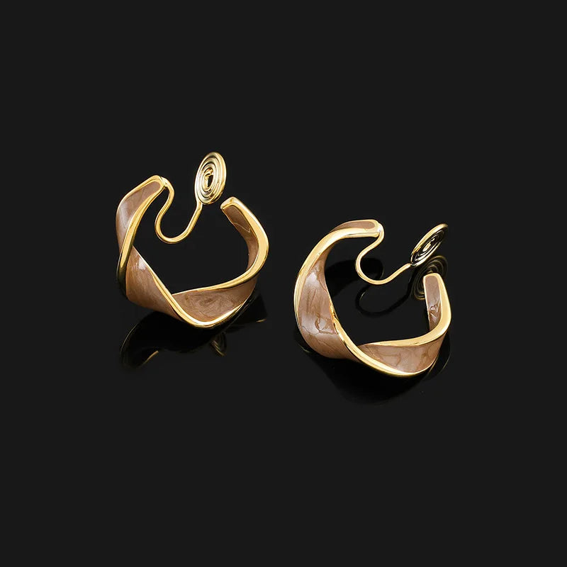 Vintage Brown Enamel Twisted Hoop Alloy Stud & Clip On No Piercing French Elegant Statement Earrings