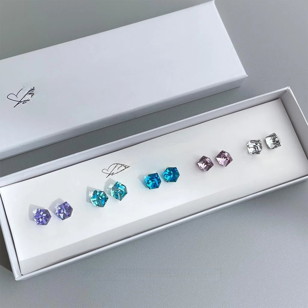 High Quality Aquamarine Glass Crystal Hexagon Geometric Stud Earrings For Women