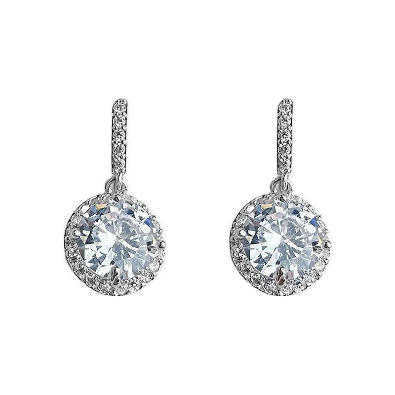 Sparkling Zircon Round Drop Earrings Eco Copper Silver Plated Light Luxury Geometric Jewelry