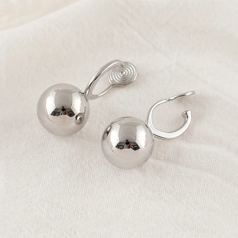 Elegant Silver Alloy Round Ball Drop Hoop Stud & Clip On No Piercing Minimalist Fashion Earrings