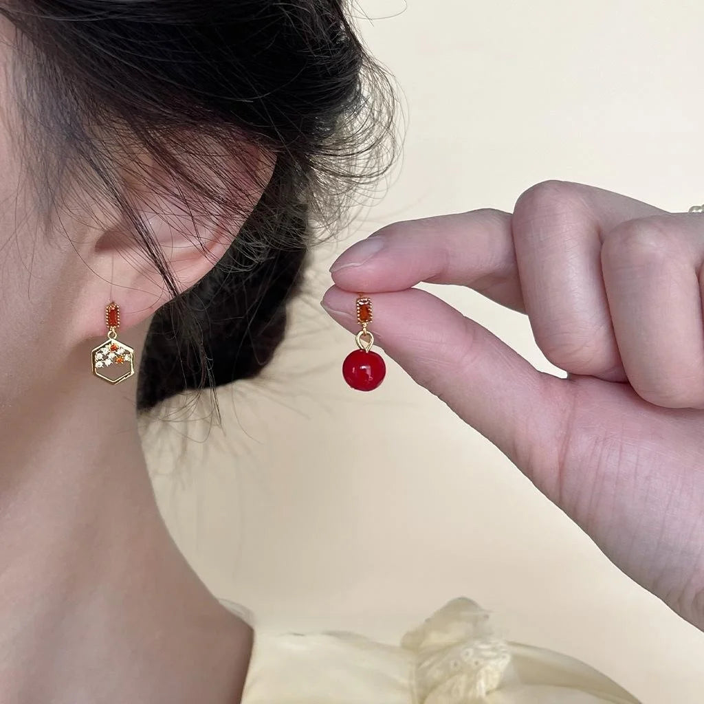 Chinese Style Asymmetric Red Pearl Micro Pave Zircon Hollow Geometric Stud Earrings