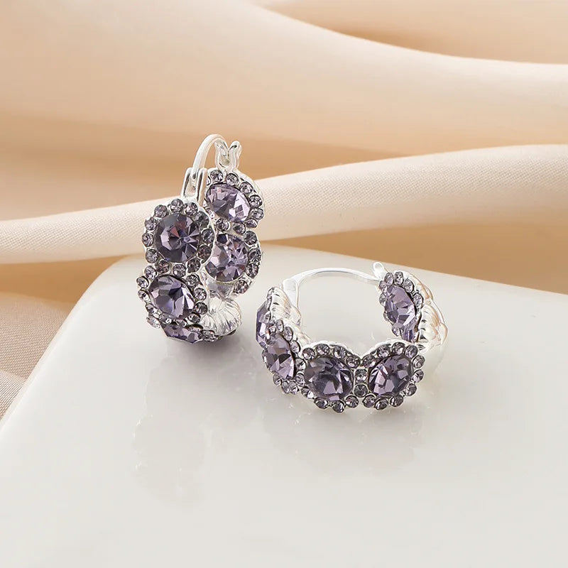 Elegant Purple Crystal Rhinestone Hoop Huggie Stud & Clip On No Piercing Alloy Circle Earrings
