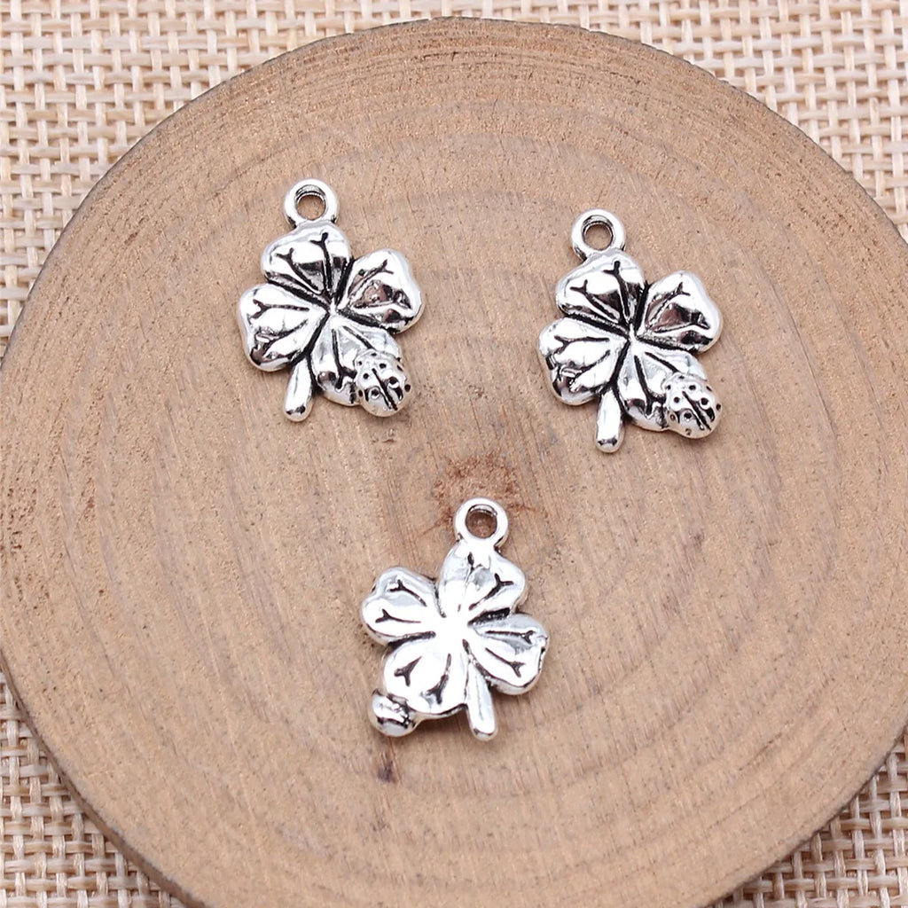17x12mm 1.2g Antique Silver Zinc Alloy Ladybug Four Leaf Clover Charm Pendant for DIY Jewelry
