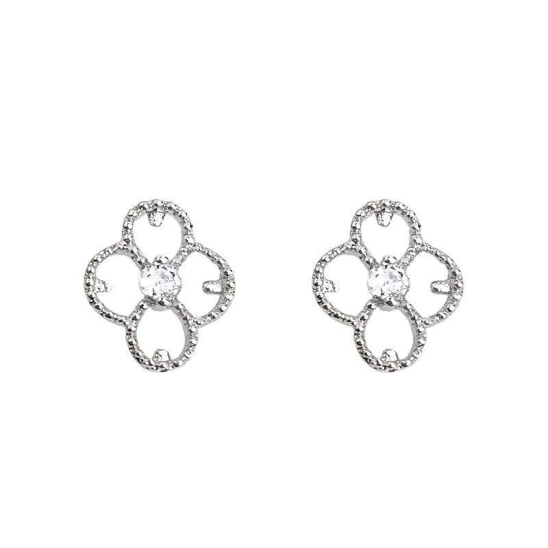 Light Luxury Silver Plated Copper Micro Pave Zircon Hollow Flower Leaf Stud Earrings For Women